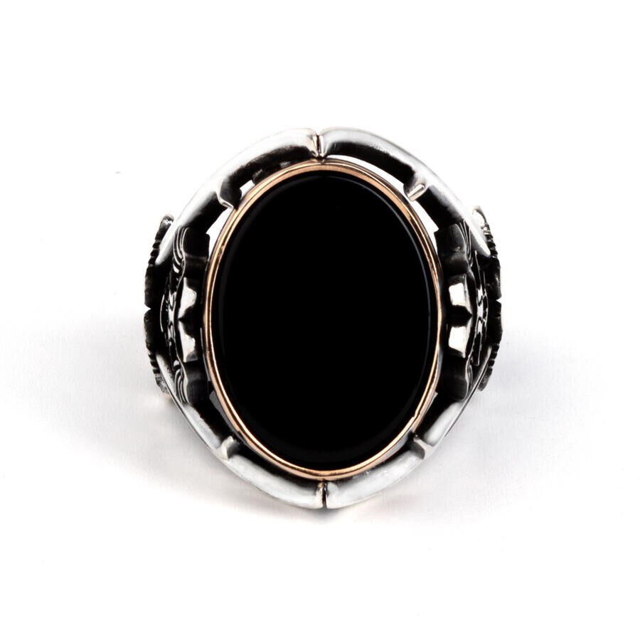 Sword Detail Black Onyx Stone Sterling Silver Ring - 3