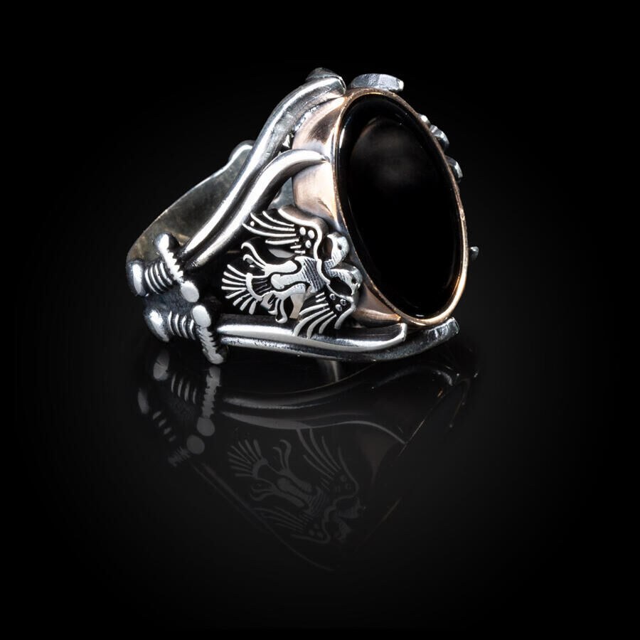 Sword Detail Black Onyx Stone Sterling Silver Ring - 4