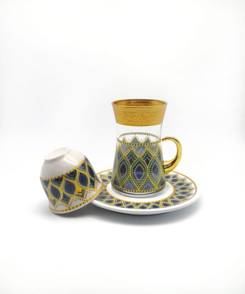 Transparent Tea Cup Set with Saucer Decorated with Elegant Blue-Gold Pattern -18 pieces - 1