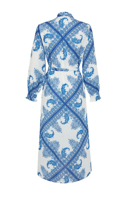 TRENDYOL MODEST Mavi Şal Desen Asimetrik Etek Detaylı Bağlamalı Dokuma Elbise TCTSS24EB00101 - 6