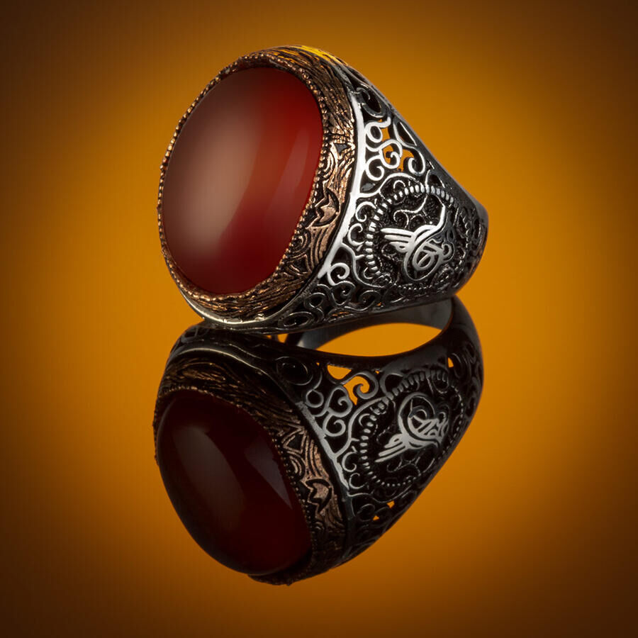 Tugra Motif 925 Sterling Silver Men's Ring Claret Red Agate Stone - 1