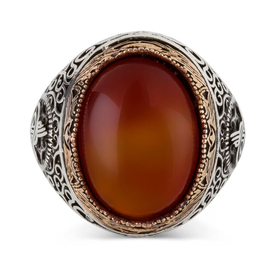 Tugra Motif 925 Sterling Silver Men's Ring Claret Red Agate Stone - 4