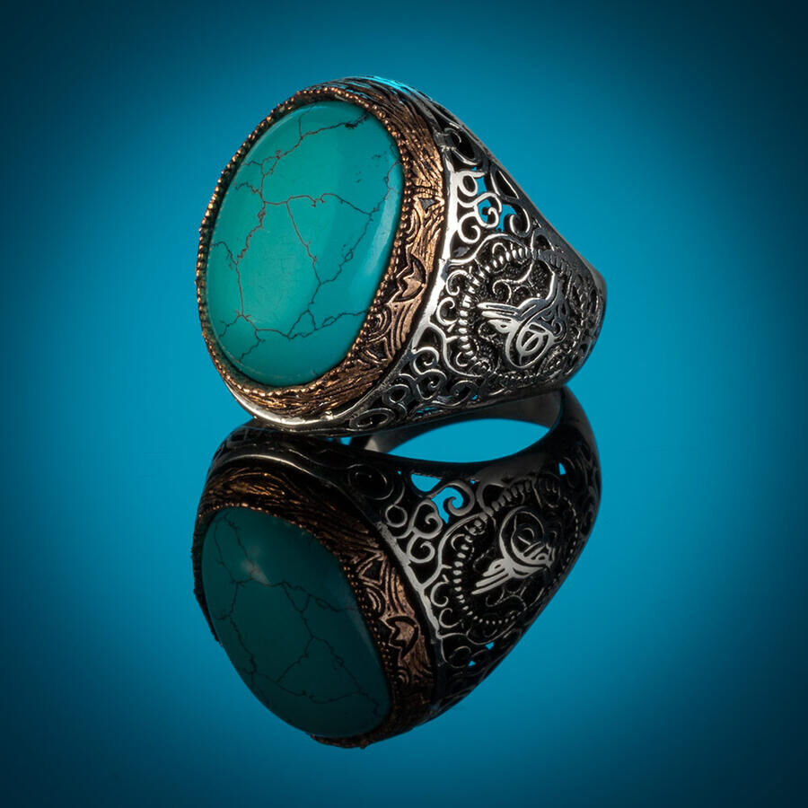 Tugra Motif 925 Sterling Silver Men's Ring Turquoise Turquoise Stone - 1