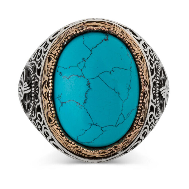 Tugra Motif 925 Sterling Silver Men's Ring Turquoise Turquoise Stone - 2