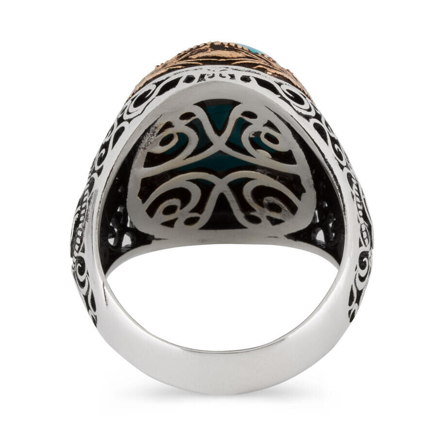 Tugra Motif 925 Sterling Silver Men's Ring Turquoise Turquoise Stone - 3