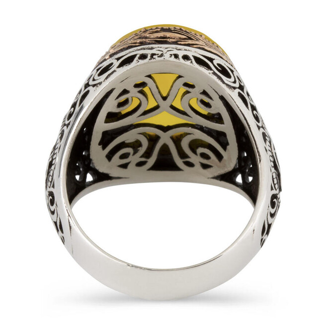 Tugra Motif 925 Sterling Silver Men's Ring with Yellow Stone - 2