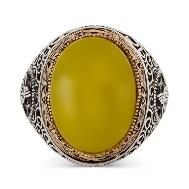 Tugra Motif 925 Sterling Silver Men's Ring with Yellow Stone - 4