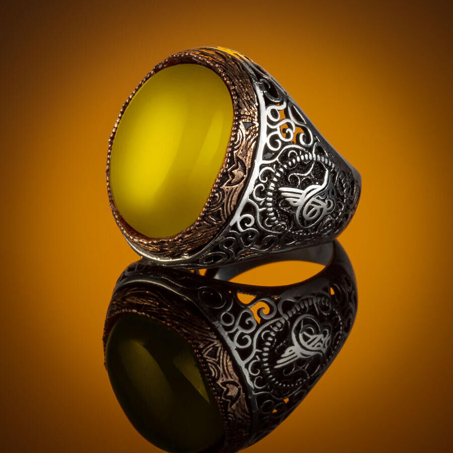 Tugra Motif 925 Sterling Silver Men's Ring with Yellow Stone - 1