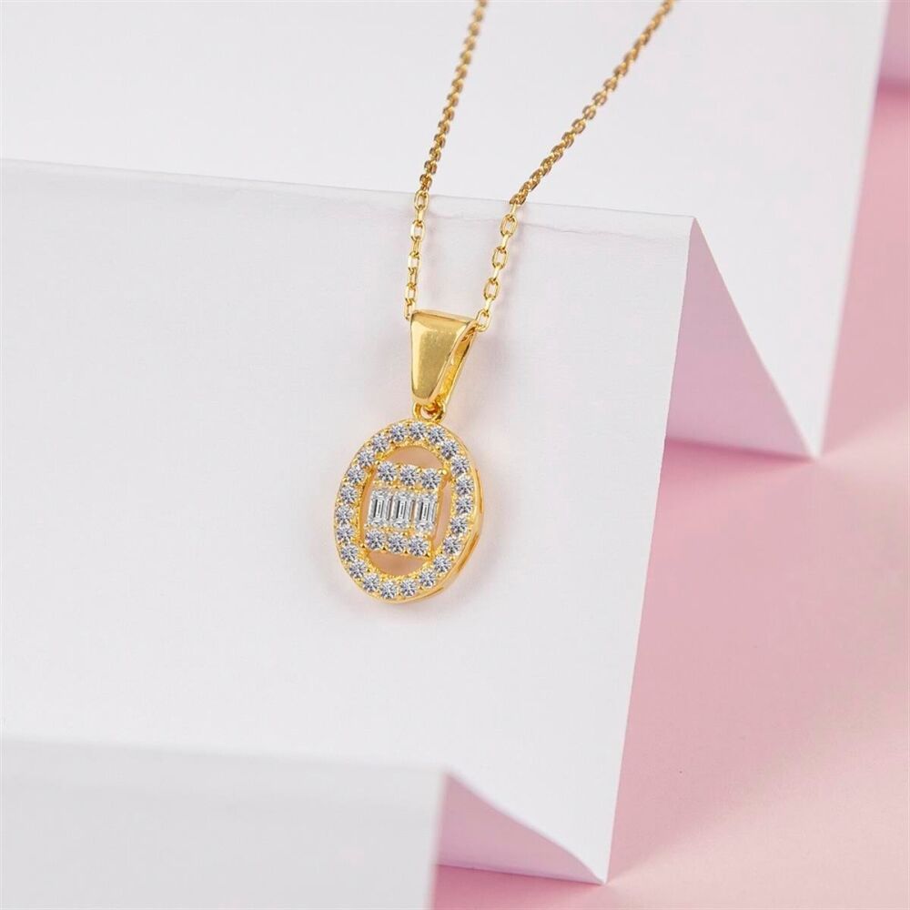 Women's 925 silver oval necklace studded with baguette stone and zircon decoration in the middle - 1
