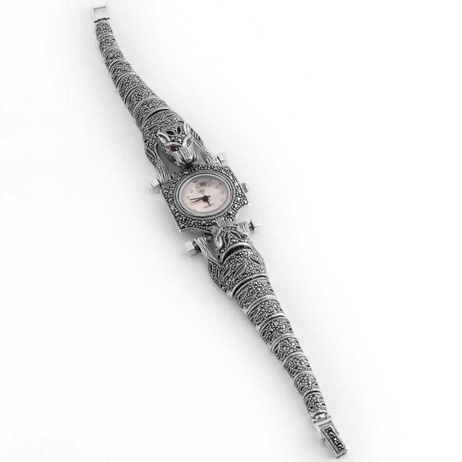 Women's 925 sterling silver watch with marcasite stone accented with glowing dragon details - 3
