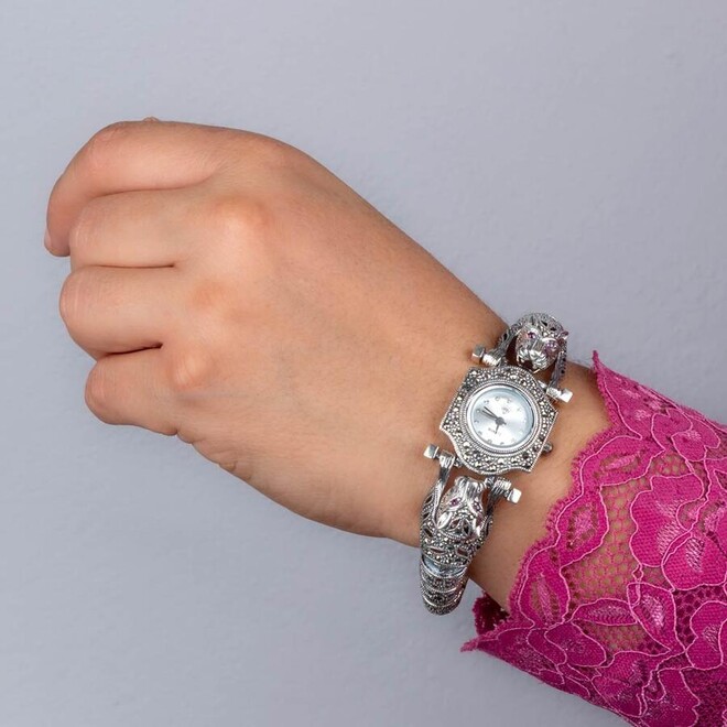 Women's 925 sterling silver watch with marcasite stone accented with glowing dragon details - 4