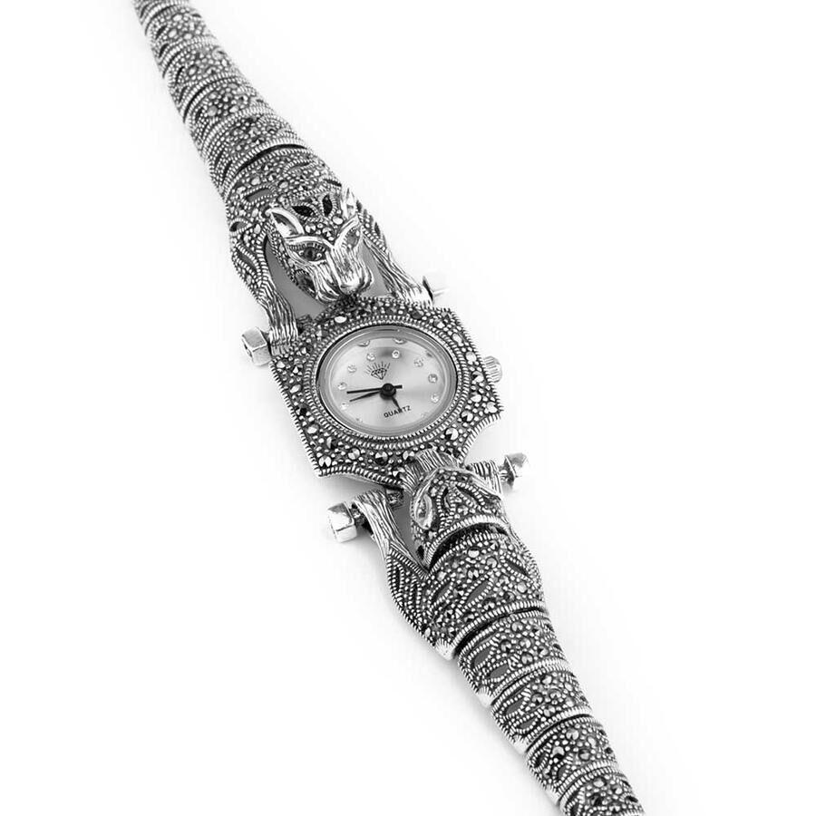 Women's 925 sterling silver watch with marcasite stone accented with glowing dragon details - 1