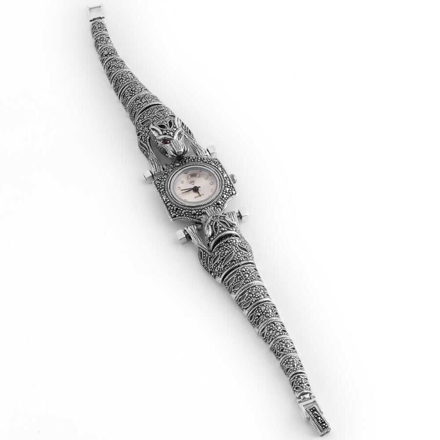 Women's 925 sterling silver watch with marcasite stone accented with glowing dragon details - 3