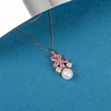 Women's Flower Necklace with Pink Zircon Stone Rose 925 Sterling Silver Pearl - 1