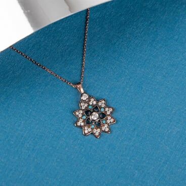 Women's necklace of turquoise, zircon and rhodium flower in 925 sterling silver - 1