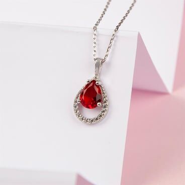 Women's oval necklace of 925 sterling silver with red zircon stone - 1